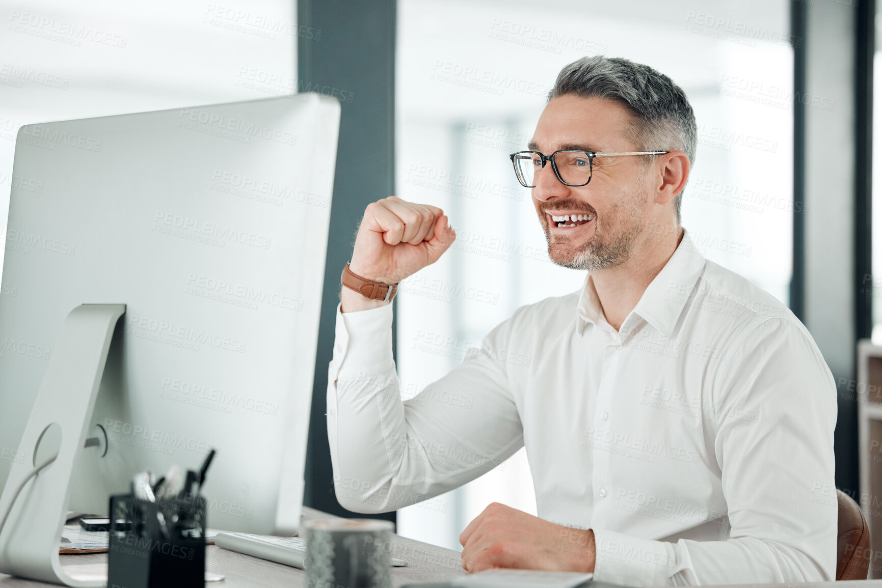 Buy stock photo Businessman, laptop and celebration for win, promotion and bonus or yes, success and achievement. Business person, fist pump and cheers or excited, energy and emoji in office, wow and omg at work