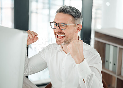 Buy stock photo Business man, computer and celebration for win, promotion and bonus or yes, success and achievement. Businessperson, fist pump and cheers or excited, energy and emoji in office, wow and omg at work