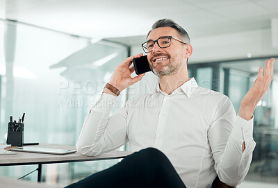 Buy stock photo Mature business man, smile and phone call in office for networking, consulting and communication of offer. Happy entrepreneur, mobile conversation and chat for negotiation, news or talking to contact