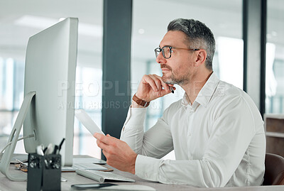Buy stock photo Businessman, computer and thinking on research, reading and analysis for information, email and work. Mature business person, technology and planning for project, proposal and future company growth