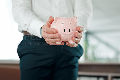 Buy stock photo Hands, businessman and piggy bank for money, saving and finance or budget for wealth increase. Male person and money box for future, investment and cash growth in container, coin and security at job