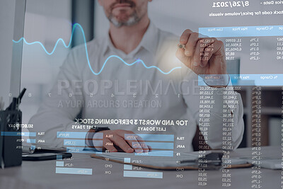 Buy stock photo Overlay statistics, stock market or business man writing, accounting or trading graph, finance exchange stats or data analysis. Corporate broker, investor or trader research crypto investment numbers