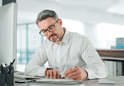 Buy stock photo Businessman, writing and planning in notebook, notes and research for vision, strategy and information. Mature business person, journal and brainstorming for future company growth, schedule or agenda