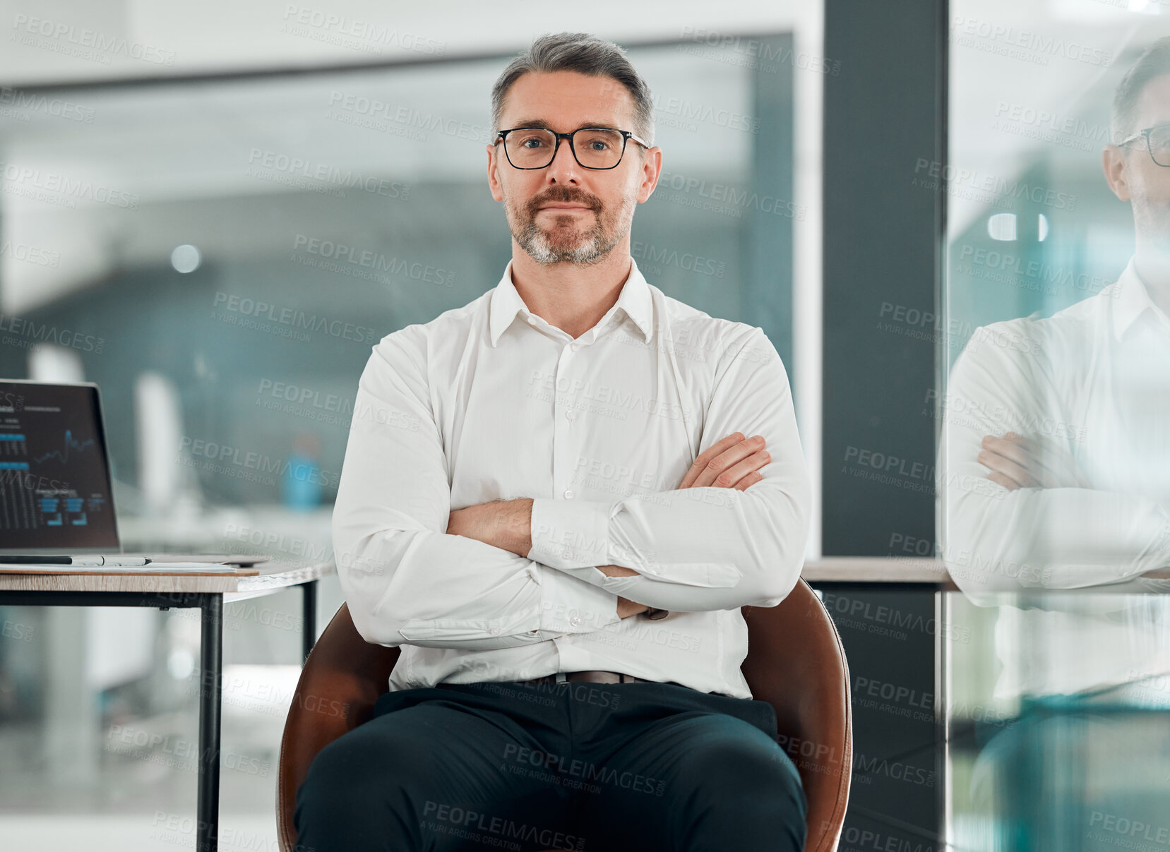 Buy stock photo Crossed arms, serious and portrait of businessman in the office with confidence and leadership. Professional, handsome and mature male financial accountant from Australia in modern workplace.