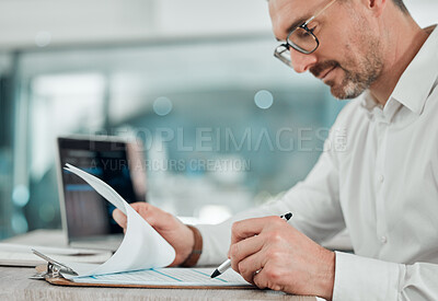 Buy stock photo Budget, checklist and businessman planning finance, audit and accounting in office with laptop or pen. Accountant, check and balance investment paperwork, document or tax report on desk in clipboard
