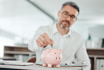 Buy stock photo Business man, coin and piggy bank for deposit and saving for finance, investment and security. Change, money box and cash growth, container and profit for retirement, banking and safety in future