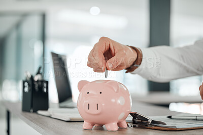 Buy stock photo Hand, businessman and coin in piggy bank, deposit and saving for finance, investment and security. Change, money box and cash growth, container and profit for retirement, banking and safety in future