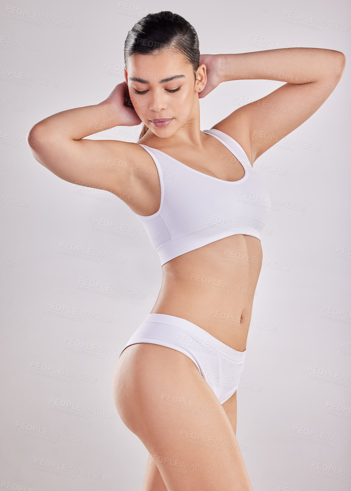 Buy stock photo Fitness, body and woman in underwear, stomach and wellness on white studio background. Person, model and girl with confidence, abdomen and tummy with beauty, healthy and weight loss with aesthetic
