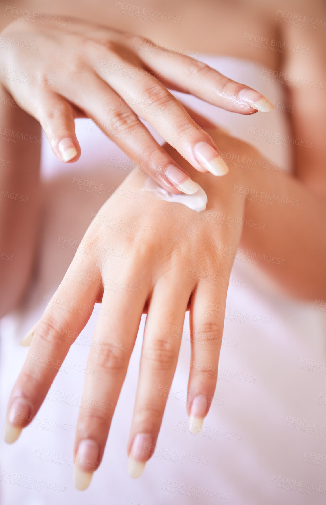 Buy stock photo Hand, woman and cream for skincare at house for skin nutrition, beauty and cosmetics with treatment for healthy body. Person, product and hygiene for clean, glow and shine from dermatology in morning