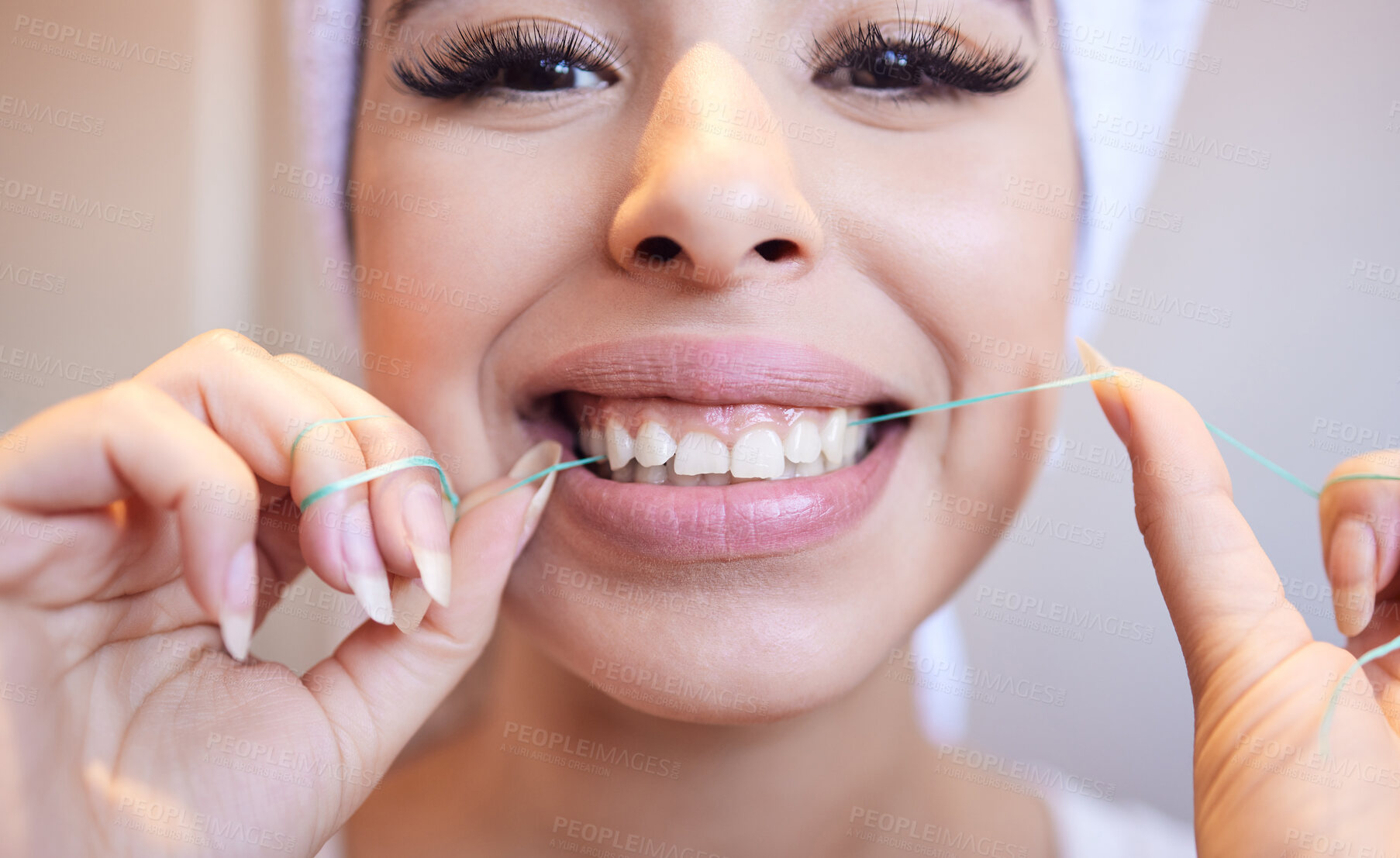 Buy stock photo Dental, portrait and woman flossing teeth for cleaning, health or oral hygiene in home bathroom. Tooth care, happy face and thread in mouth for orthodontics, morning routine or fresh breath closeup