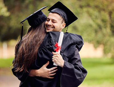 Buy stock photo Graduation, success and friends hugging outdoor on university campus at a celebration event. Education, certificate and hug with happy scholarship students cheering together as college graduates