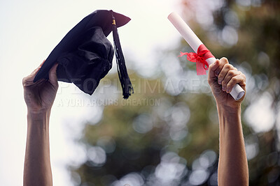 Buy stock photo Graduate, celebrate and hands with degree and diploma at event outdoor with scholarship. Certificate, hat and hand holding college paper with cheer, success and motivation with bokeh and achievement