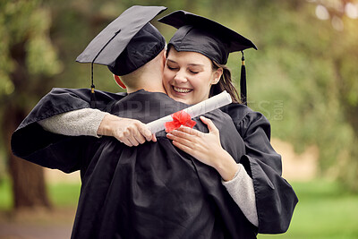 Buy stock photo Graduation, certificate and friends hugging outdoor on university campus at a celebration event. Education, success and hug with happy scholarship students cheering together as college graduates