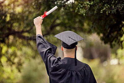 Buy stock photo Graduate, man celebrate and hands with degree and diploma at event outdoor with scholarship. Certificate, back and hand holding college paper with cheer, success and motivation with achievement