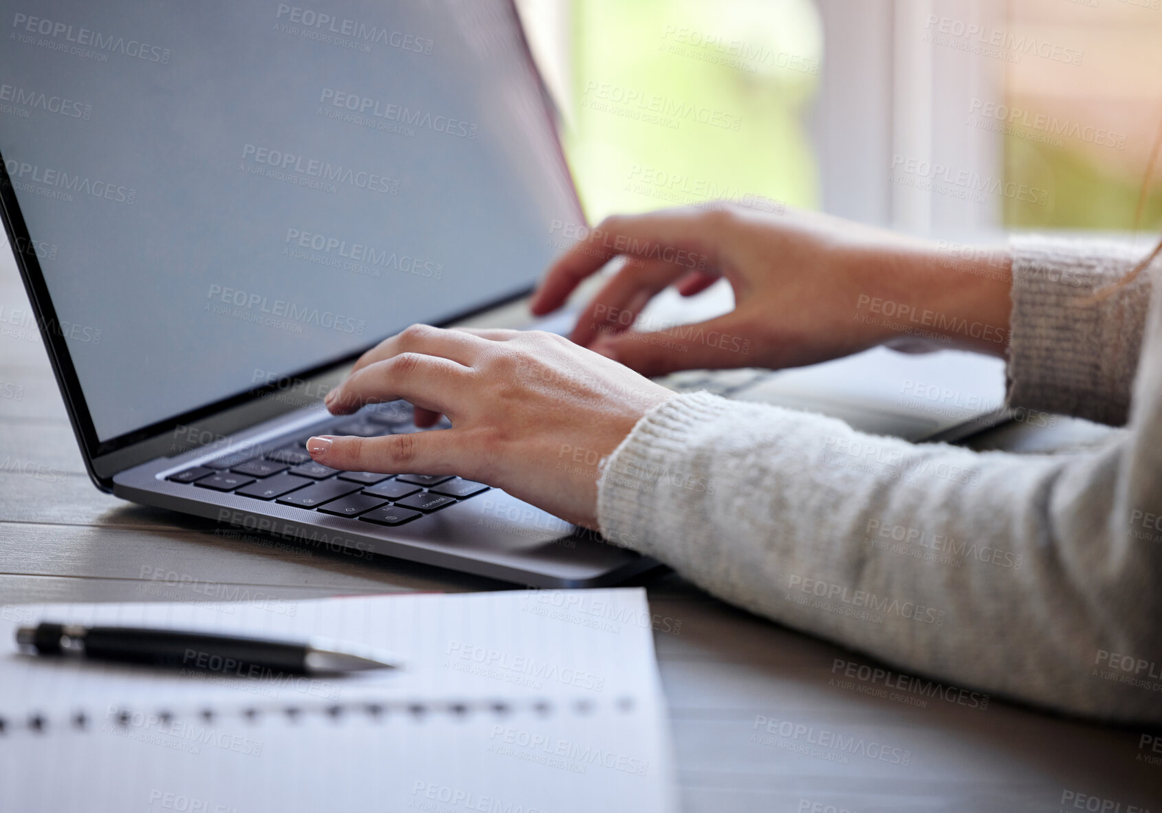 Buy stock photo Person, laptop and notebook with typing for deadline as copywriter in agency in work from home with mockup space. Businessperson, working and email in company with technology in house for employer