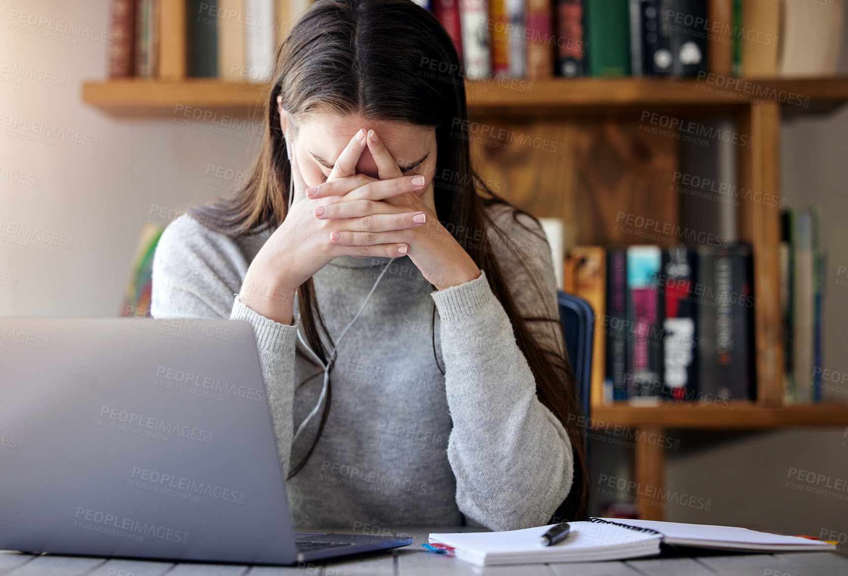 Buy stock photo Laptop, stress and education with a student woman feeling burnout while studying alone in her home. Learning, headache and tired with a young female university or college pupil in her house to study