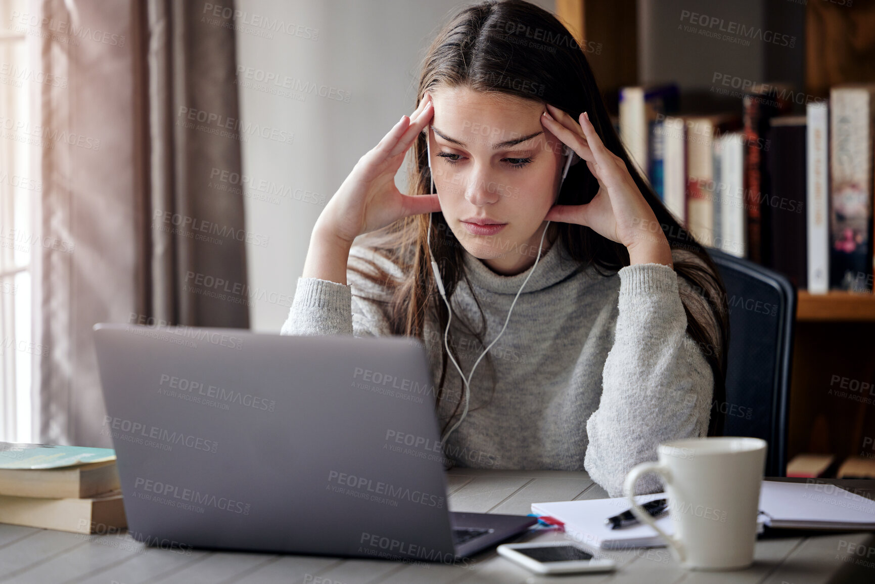 Buy stock photo Laptop, headache and education with a student woman feeling burnout while studying alone in her home. Learning, stress and tired with a young female university or college pupil in her house to study