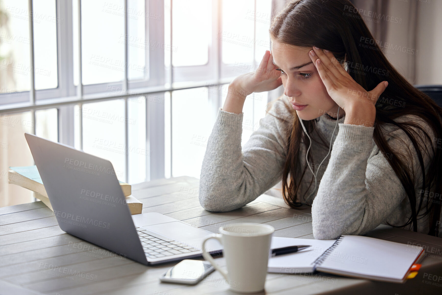 Buy stock photo Laptop, stress and learning with a student woman feeling burnout while studying alone in her home. Education, headache and tired with a young female university or college pupil in her house to study