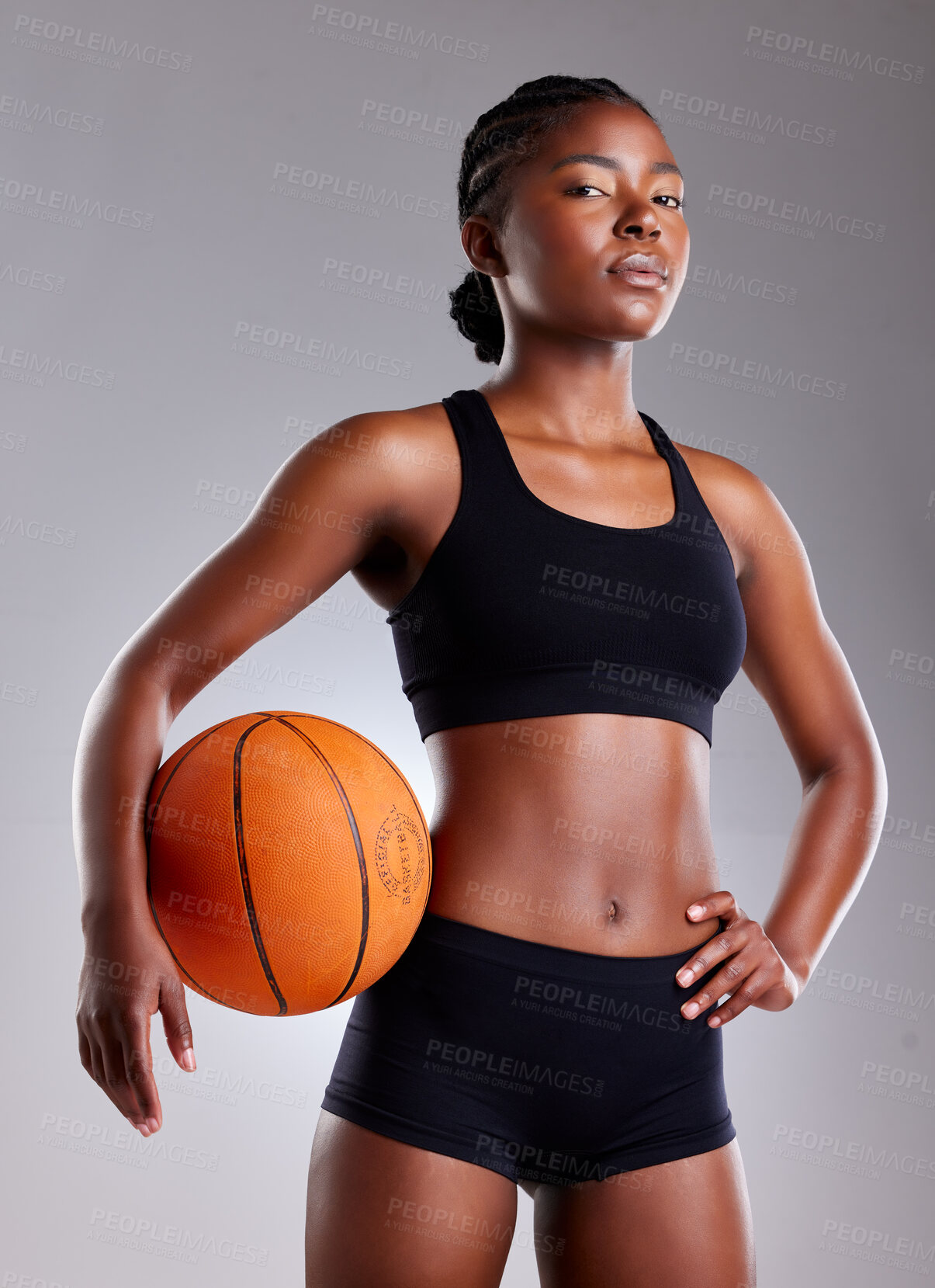 Buy stock photo Studio, portrait and black woman with basketball, sportswear and serious for sport with fitness. White background, healthy and ready for competition, training and practice of person with exercise