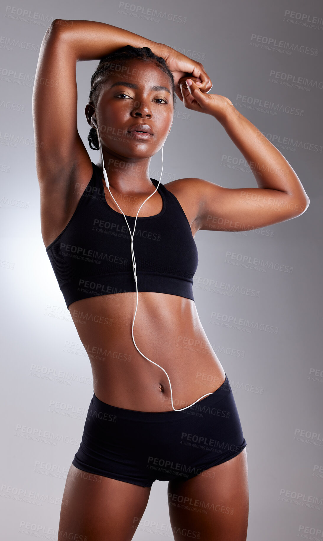 Buy stock photo Fitness, woman and music with abs for strong core from calisthenic exercise and workout challenge. Sports, female person and athlete with earphones for listening to podcast or audio for training