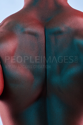 Buy stock photo Muscles, flex and back of black man in studio for body, results and healthy lifestyle on blue background. Closeup, shoulders and African male model posing for training, strong and fitness aesthetic