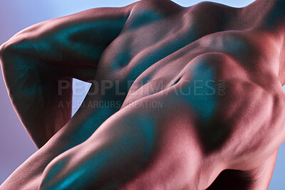 Buy stock photo Back, muscles and body of black man in studio for bodybuilder with workout progress, fitness results and strong. Male stripper, skin and flexing on blue background with sexy aesthetic and neon light