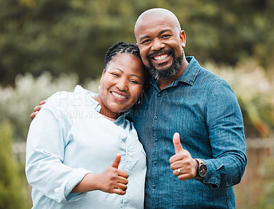 Buy stock photo Happy, portrait and mature black couple with thumbs up in nature for thank you, review or satisfaction. African, man and woman with smile, like emoji or yes sign for agreement or good news in garden