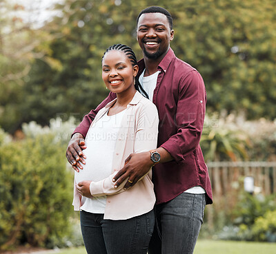 Buy stock photo Black couple, portrait and happy outdoor for pregnancy, bonding and relationship with stomach growth. Man, smile and hug pregnant woman in home backyard for love, support and maternity in marriage