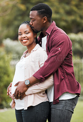 Buy stock photo Black couple, support and happy outdoor for pregnancy, bonding and relationship with stomach growth. Man, smile and hug pregnant woman in home backyard for love, romance and maternity in marriage