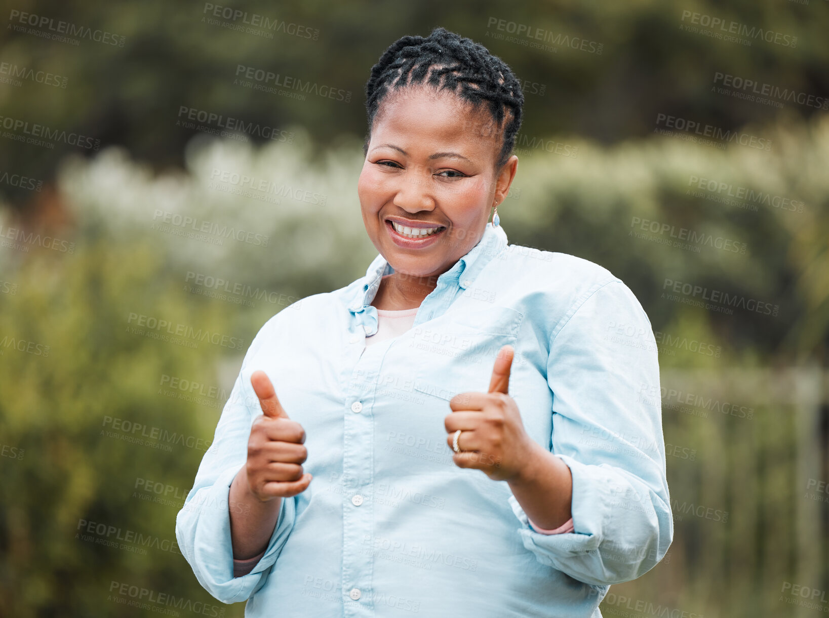 Buy stock photo Happy, portrait or black woman with thumbs up in nature for thank you, review or satisfaction. Young African, female person or volunteer with smile, like emoji or yes for good news or vote in Jamaica