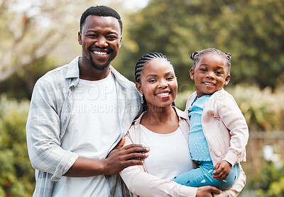 Buy stock photo Black family, portrait and outdoor hug with kid, relax and together for love in relationship. People, parents and daughter in embrace for support, backyard bonding and travel to Nigeria for peace