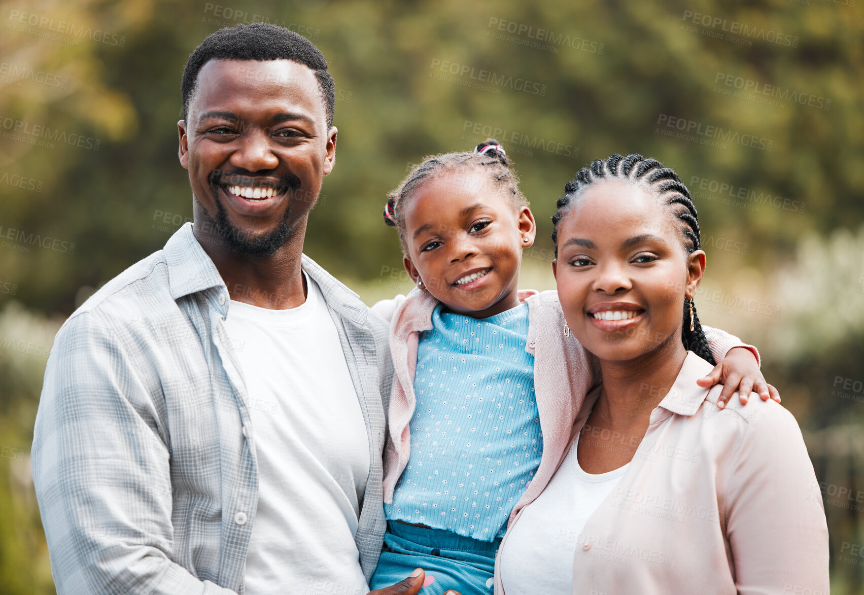 Buy stock photo Smile, portrait and black family outdoor, hug and happiness with bonding, park and loving together. Face, happy mother and father with female kid, daughter and girl embrace parents, backyard and love