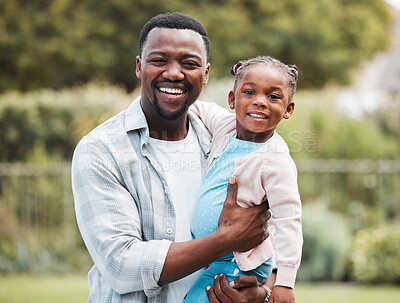 Buy stock photo Hug, park and portrait of dad with child for bonding, relationship and relax together in nature. Family, happy and African father embrace girl outdoors for fun on weekend, holiday and vacation