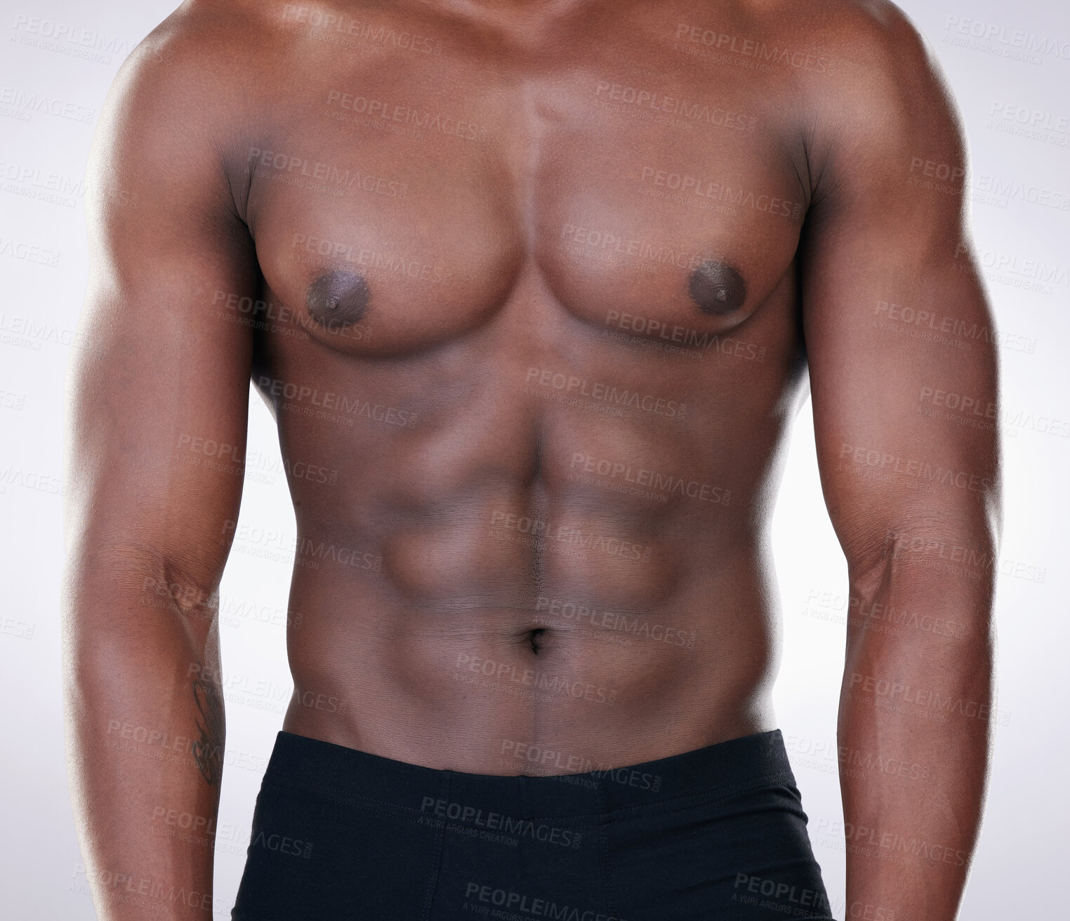 Buy stock photo Fitness, black man and chest of bodybuilder in closeup for healthy body isolated in studio. Sports, male person or model and shirtless for strong muscles and weight loss routine from cardio.