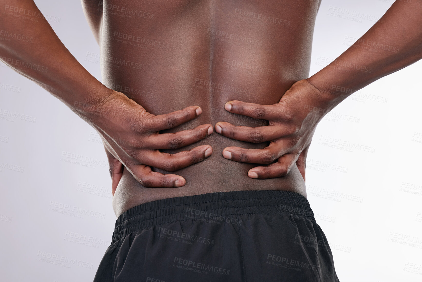 Buy stock photo Black man, body and back pain in studio with muscle injury for physiotherapy, massage and healthcare. Fitness model, skin and stress for physical therapy or wellness on isolated white background