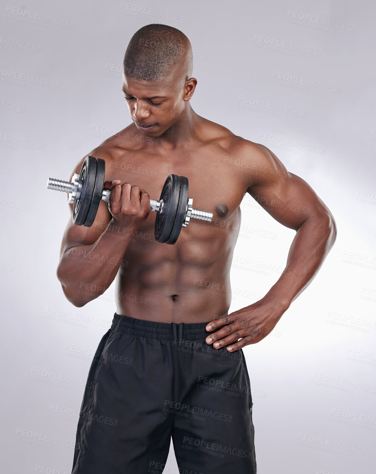Buy stock photo African man, dumbbell and exercise in studio with thinking, progress and development by white background. Person, bodybuilder and strong with workout, fitness and training for healthy body in gym