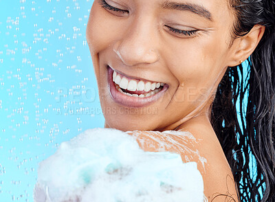 Buy stock photo Shower, soap foam and black woman cleaning body with liquid for hydration wash, beauty healthcare or skincare hygiene. Self care studio, spa salon and happy model face isolated on blue background