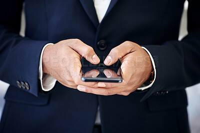 Buy stock photo Businessman, hands and smartphone in office for typing, browsing and texting online with contact. Technology, connectivity and male person with cellphone for networking, social media or salesman
