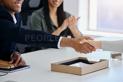 Buy stock photo Smile, business people and handshake for deal, offer or b2b collaboration for partnership in startup. Shaking hands, agreement and team with applause for success, meeting and consultant negotiation