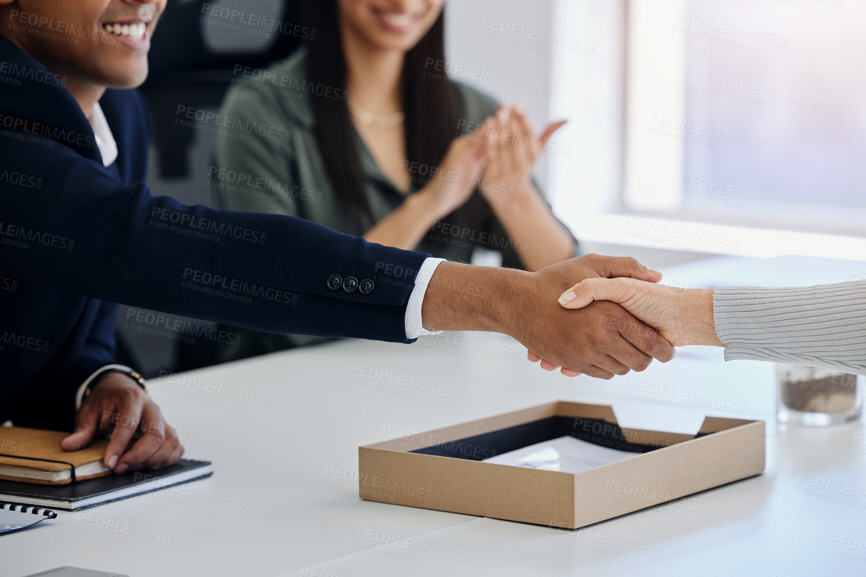 Buy stock photo Smile, business people and handshake for deal, offer or b2b collaboration for partnership in startup. Shaking hands, agreement and team with applause for success, meeting and consultant negotiation
