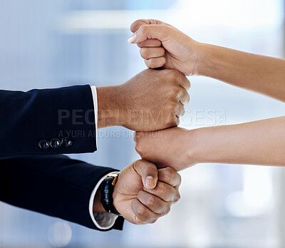 Buy stock photo Fist, stack and team building in office for teamwork, partnership and collaboration with trust. Workplace, support and hands together with solidarity for work success, community and staff motivation