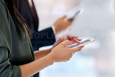 Buy stock photo Hands, smartphone and people in office with closeup for company with tech for communication with app. Worker, mobile and business with wifi for message, internet and online seminar with career