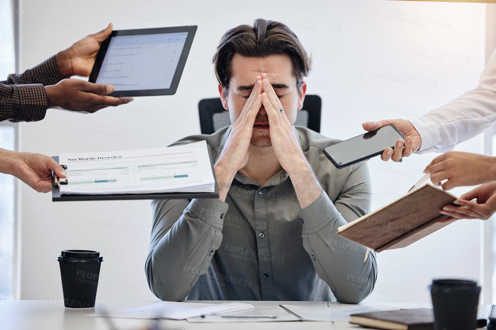 Buy stock photo Man, business and employee with stress, multitasking or chaos with crisis, deadline or schedule. Male person, consultant or agent with depression, anxiety or mistake with documents, audit or pressure