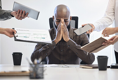 Buy stock photo Work stress, hands and tired black man in a meeting for planning with burnout from commitment. Mental health, paperwork and an African manager with fatigue from business problem and management tasks