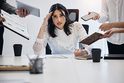 Buy stock photo Portrait, multitask and an overwhelmed business woman at work on a laptop in an office for a deadline. Technology, stress or anxiety with a young female employee feeling pressure from a busy schedule