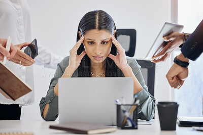 Buy stock photo Stress, multitask and an overwhelmed business woman at work on a laptop in her office for a deadline. Technology, burnout or anxiety with a young female employee feeling pressure from a busy schedule