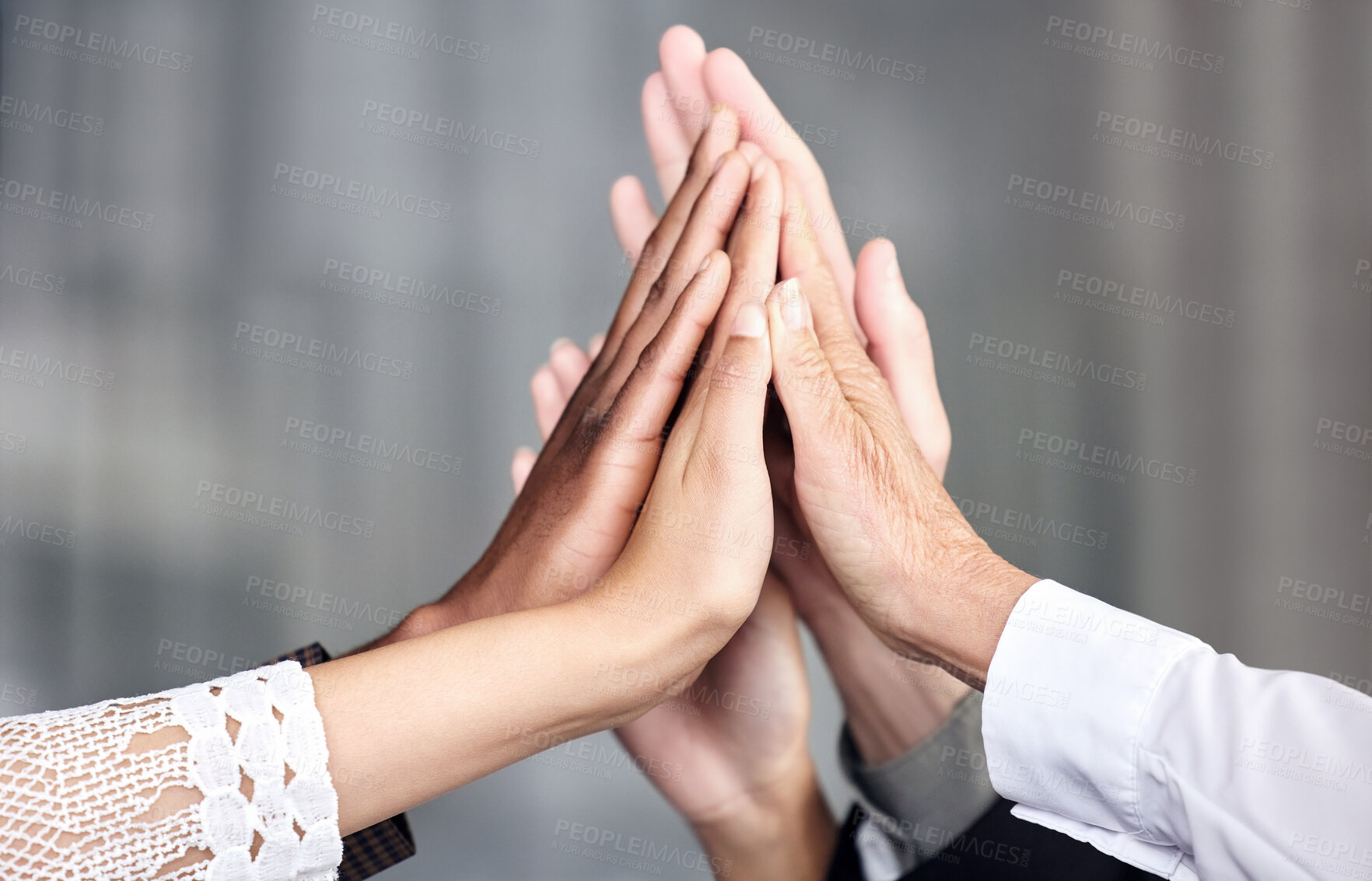 Buy stock photo Hands, high five and teamwork with business people in office together for success or unity closeup. Collaboration, goals and target with employee group in workplace for celebration of achievement