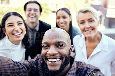 Buy stock photo Portrait, selfie and group of business people in city for team building together. Smile, face and employees or friends take photo outdoor for social media, teamwork profile picture or happy memory.