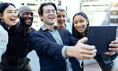 Buy stock photo Tablet, selfie and happy business people in city for team building or having fun. Group smile, technology and employees take photo outdoor for social media, profile picture or friends memory online.
