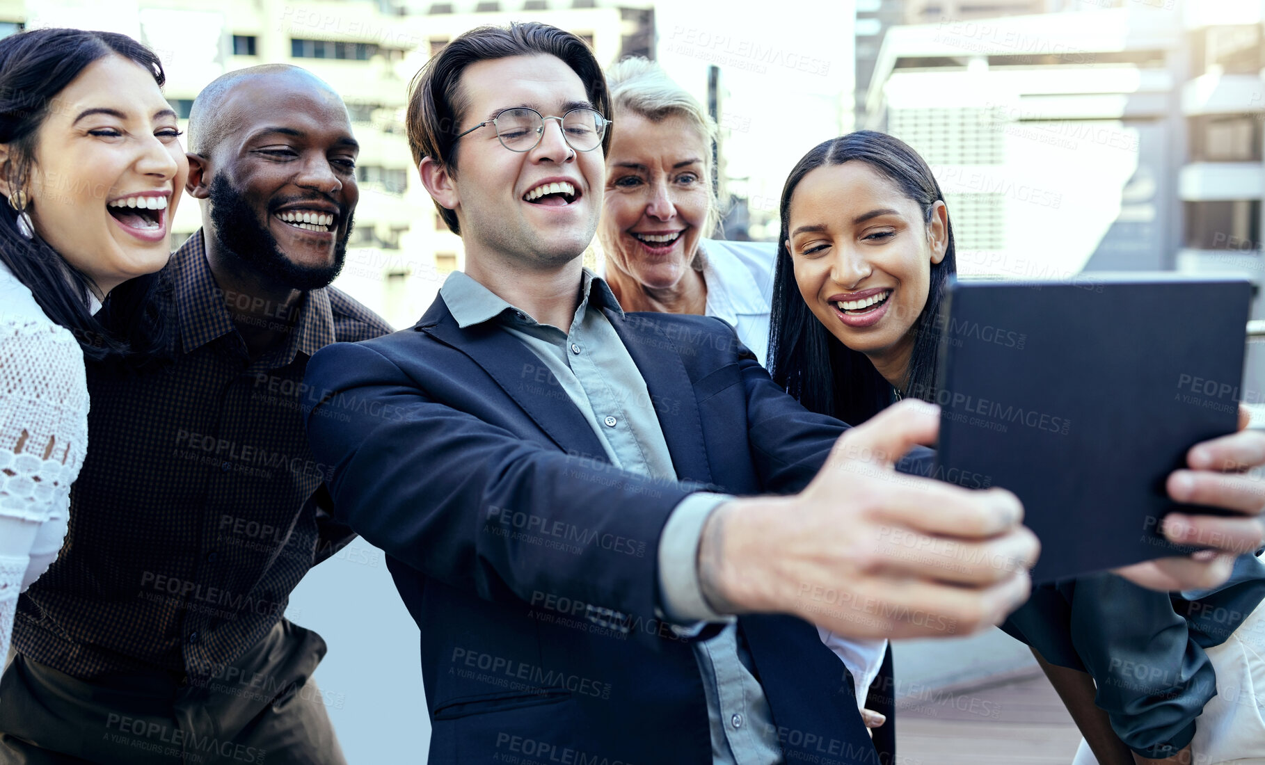 Buy stock photo Tablet, selfie and happy business people in city for team building or having fun. Group smile, technology and employees take photo outdoor for social media, profile picture or friends memory online.